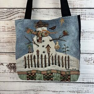 Snowman Birds Tapestry Tote Signed Bag Primitive Festive‎ Hostess Gift